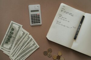 Home Flat lay with calculator, notebook, and US dollars ideal for financial concepts.